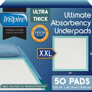 Inspire Extra Large Super Absorbent Disposable Bed Pads for Incontinence Ultra Thick and Absorbent Bed Pads Disposable Adult | Puppy Pads | Pee Pads for Adults (36" X 36" Pack of 50)