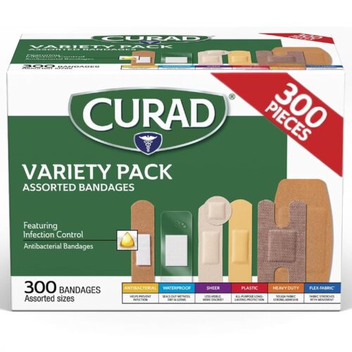 CURAD Assorted Bandages Variety Pack, 300 Count, 6 Styles Including Antibacterial