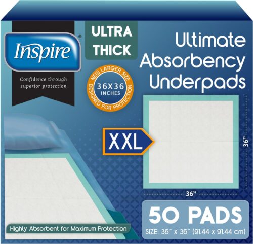 Inspire Extra Large Super Absorbent Disposable Bed Pads for Incontinence Ultra Thick and Absorbent Bed Pads Disposable Adult | Puppy Pads | Pee Pads for Adults (36″ X 36″ Pack of 50)